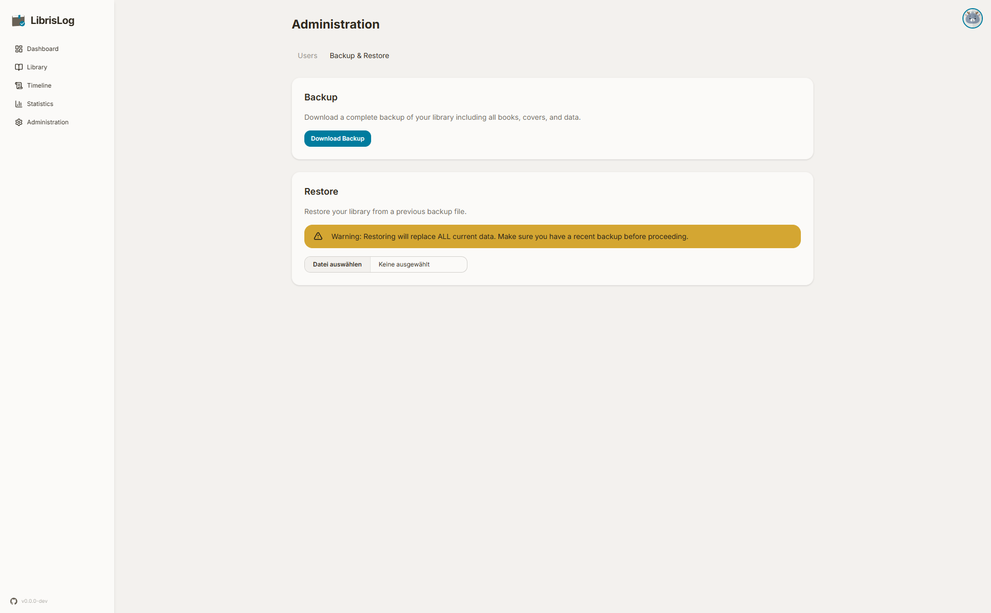 Backup and Restore tab